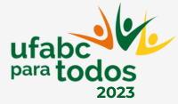 Desenho de três pessoas com os braços levantados, nas cores laranja, verde escuro e amarelo. Abaixo está escrito "UFABC paar todos 2023".